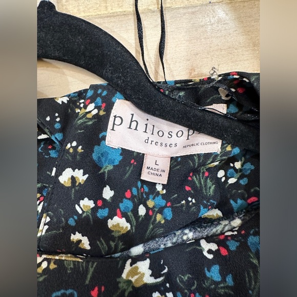 Philosophy black floral print long sleeve back bow ribbon mini flare dress - Picture 12 of 15